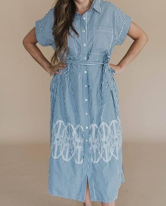 Entro Endless Love Embroidered Stripe Midi Dress In Navy