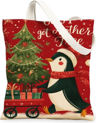 Generic Christmas Penguin Canvas Tote Bags, Holiday Tree Design Reusable Grocery Bags, Vintage Lightweight Washable Shoulder Strap Canvas 13x15 Inch