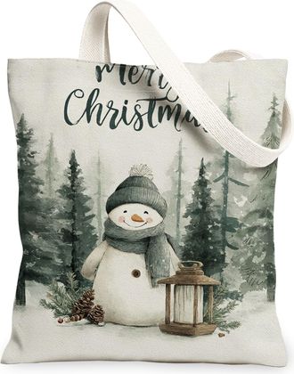 Generic Christmas Snow Man Canvas Tote Bags, Holiday Forest Pattern Reusable Grocery Bags, Rustic Lightweight Washable Shoulder Bag, Green, 13x15 Inch