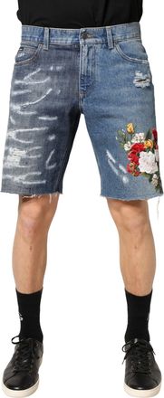 Dolce & Gabbana Blue Floral Embroidery Tattered Denim Mens Shorts