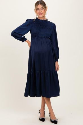 Pinkblush Mock Neck Satin Smocked Chest Dress in Navy Blue at Nordstrom, Size Medium