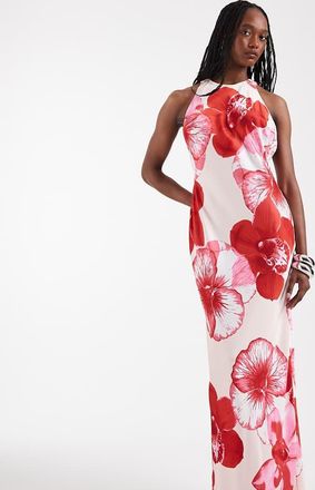 Vero Moda Tall Vestito midi in raso rosa chiaro senza maniche con schiena scoperta e stampa a fiori oversize