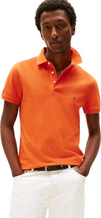 Tommy Hilfiger Mens Short Sleeve Polo Shirts in Slim Fit with Stretch and Organic Pique Cotton, Brilliant Orange, Medium