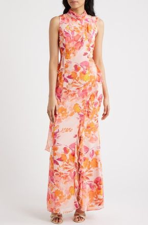 Eliza J Ruffle Mock Neck Maxi Dress in Blush at Nordstrom, Size 10