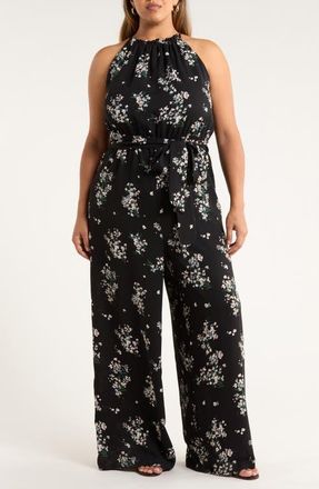 Sugarlips Magnol Floral Print Sleeveless Jumpsuit in Black-Pink at Nordstrom, Size 2 X