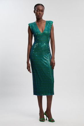 Karen Millen Plunge V-Neck Sleeveless Midi Dress in Multi at Nordstrom, Size Medium