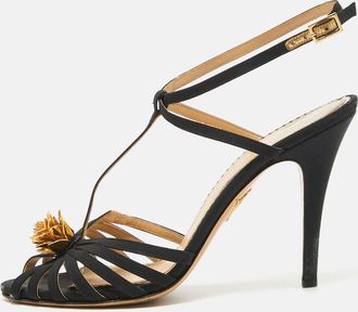 Charlotte Olympia Black Satin Flower Detail Ankle Strap Sandals