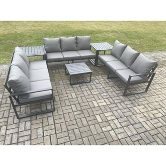 Fimous Aluminium 9 Seater Outdoor Garden Furniture Set Patio Lounge Sofa with Square Coffee Table 2 Side Tables Conservatory Set Dark Grey - Fimous