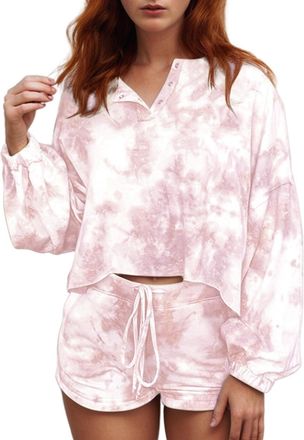 Generic Women Two Piece Tie Dye Tracksuit Casual Home Sweatshirt Set Long Sleeve Pullover V-Neck Shirts Drawstring Short Pants Pjs Everyday Going Out Clothes 