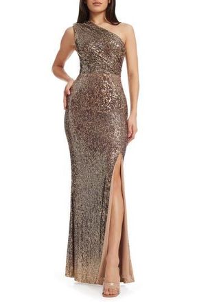 Dress The Population Sariah Sequin One-Shoulder Gown in Bronze Multi at Nordstrom Rack, Size X-Large