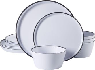 Gibson Home Folsom Shores 12 Piece Melamine Dinnerware Set in White w/ Black Rim