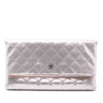 Chanel Pre-owned Womens Quilted Calfskin Pixel Effect Beauty Foldover Clutch - Light Grey Leather - One Size
