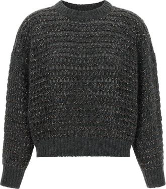 Brunello Cucinelli Grey Embellished Round Neck Sweater