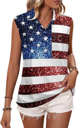 Generic U.S.A. Flag Red Blue Sparkles Glitters Women Golf Shirt Polo Tank Top Tennis Sleeveless T-Shirt Collared Vest 2XL