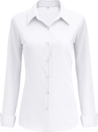 Zeagoo Womens Shirts Long Sleeve Button Down Shirt Regular Fitted Stretch Shirts Plain Business Shirt Stain Shield Office Work Blouse White XXL