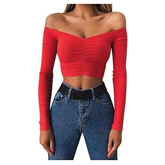 Generic Frauen Langarm Party Oberteil Bustier Schulterfrei Bauchfrei Crop Top