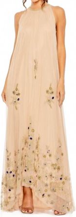 Mac Duggal Jewel Neckline High Low Dress In Nude/gold