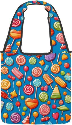 Generic Blue Candy Pattern Reversible Canvas Shoulder Tote - Double-Sided Print, 12oz Cotton, 27cm Drop, Fold-Flat Bag for Travel, Shopping, Street Outings