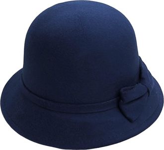 Generic Womens Cloche Bowler Hats Cute Bowknot Solid Color Wool Vintage Autumn Winter Bucket Hat Wedding Tea Party Church Caps Blue