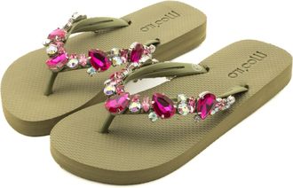 Mooilo Womens mooilo Summer Toe Separator Sandals Flip Flop with Elegant Colourful Stones (Hand Embroidered) - Ultra Soft Sole - Design, Made in Germany, kha