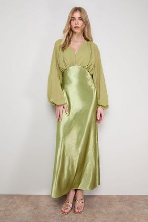 Oasis Womens Plain Balloon Sleeve V Neck Satin Chiffon Mix Midaxi Dress - Green - Size 10 UK