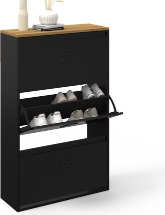 IDMarket Ester Zapatero De 3 Puertas Y 18 Pares De Metal Negro Con Tapa De Madera De Dise&ntilde;o Industrial