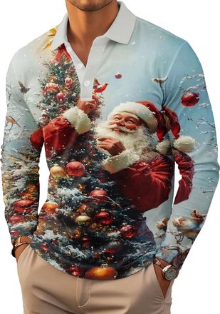 Generic Unisex Christmas Long Sleeve Polo Shirt, Polyester Button Down Collar, Relaxed Fit, Casual Sport Golf Wear, Modern Style, Machine Washable (UK, Alpha,