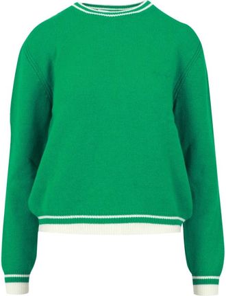Msgm Groene trui van wol en kasjmier met geborduurd logo - Dames - Ronde hals truien - Groen - M - Wol - Truien & Vesten