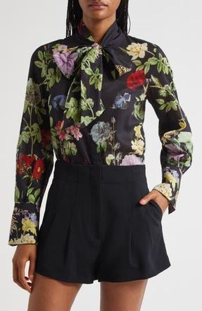 Alice & Olivia Lloyd Floral Print Tie Neck Top in Venus Floral at Nordstrom Rack, Size X-Small