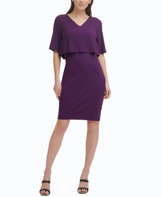 DKNY Dkny Chiffon Cape Overlay Dress Womens 10 Purple Flutter Sleeve Sheath ERK584