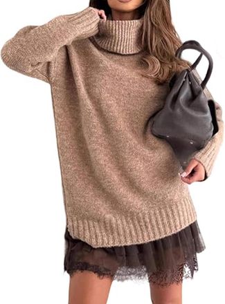 Generic Womens Turtleneck Sweater Mini Dress Set, Combining a Soft Sweater Dress with an Elegant Lace-Trim Slip (UK, Alpha, L, Regular, Regular, Khaki)