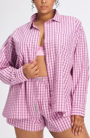 Savage x Fenty Kickback Casuals Pajama Button-Up Shirt in Tulip Pink Plaid Behavior at Nordstrom, Size X-Large