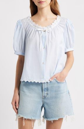 Frame Denim The Serene Eyelet Trim Cotton Top in Powder Blue Multi at Nordstrom, Size X-Small
