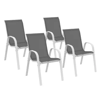 IDMarket Set Di 4 Sedie Da Giardino Impilabili Lyma In Metallo E Textilene, Bianco E Grigio