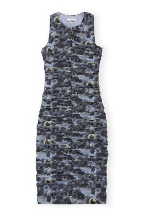Ganni Blue Orange Printed Ruched Mesh Midi Dress - Size 4 Recycled Nylon
