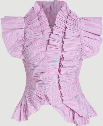 Karen Millen Womens Plus Size Pleated Stripe Ruffle Sleeve Woven Top - Pink Cotton - Size 20 UK