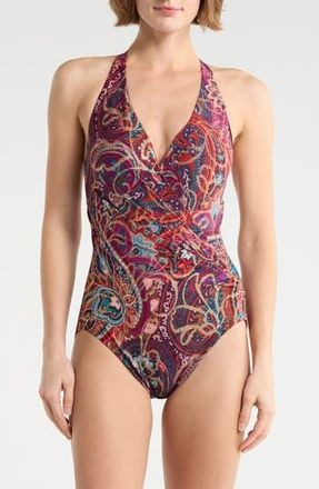 Miraclesuit Dynasty Wrapsody Halter One-Piece Swimsuit in Purple Multi at Nordstrom Rack, Size 16