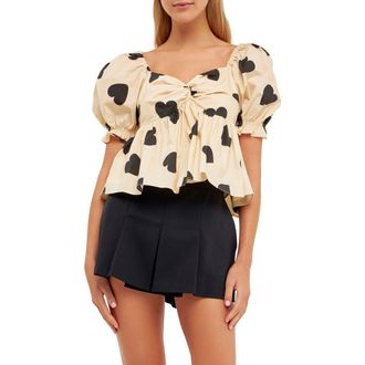 English Factory Heart Shape Puff Sleeve Top in Beige/black at Nordstrom, Size Large
