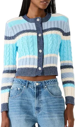 Steve Madden Eviee Crop Cotton Blend Cable Cardigan in Blue Multi at Nordstrom, Size Medium