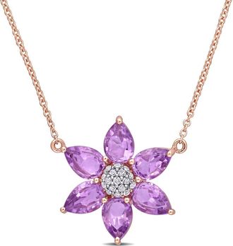 Amour 2 1/10 CT TGW Amethyst and 1/10 CT TW Diamond Floral Pendant with Chain In 10K Rose Gold