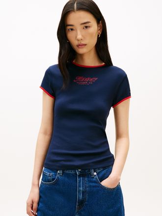 Tommy Hilfiger Kurzarmshirt TOMMY HILFIGER TILT GRAPHIC SLIM C-NK SS TEE, Damen, Gr. L (42/44), schwarz night navy, Single Jersey, Obermaterial: 100% Baumwolle, unif
