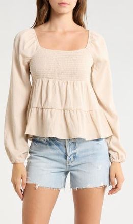 Madden Girl Smocked Tiered Ruffle Babydoll Top in Natural at Nordstrom Rack, Size X-Large