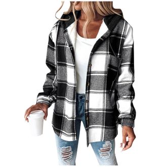 Generic Fleece Lined Coat for Women - Plaid Jackets, Woolen Winter Warm Shacket, Flannel Checked Cardigan, Long Sleeve Button Down, Front Pockets, Hooded, Vin
