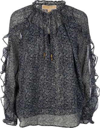 Michael Kors Geplooide Metallic Bloemige Georgette Blouse - Dames - Blouses - Blauw - S - Polyester - Overhemden