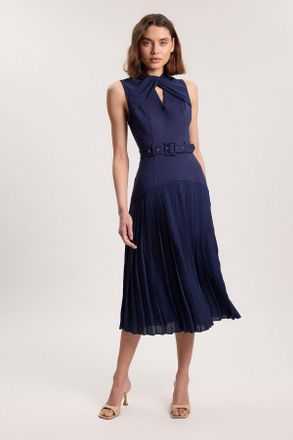 Karen Millen Womens Ponte And Textured Georgette Button Mix Cut Out Detail Pleated Maxi Dress - Navy Viscose - Size X-Small