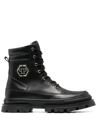 Philipp Plein logo-plaque leather ankle boots - men - Calf Leather/Calf Leather/Rubber/Fabric - 41 - Black