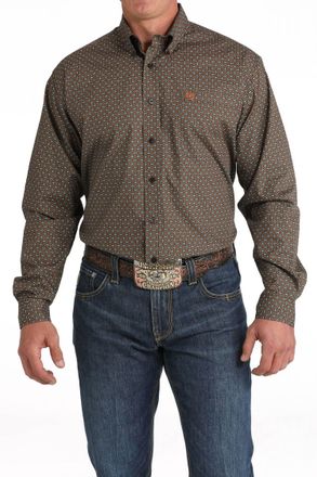Cinch Plain Weave Long Sleeve Button Down Shirt In Brown Geo