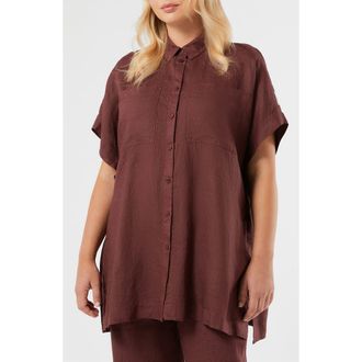 Marina Rinaldi Voyage Collection Linen Canvas Button-Up Tunic in Bordeaux at Nordstrom, Size Xx-Large