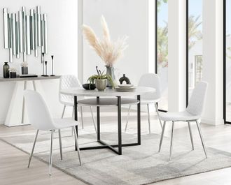 Furniturebox Adley Grey Concrete Effect Round Dining Table & 4 Corona Silver Chairs in White
