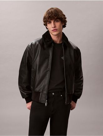 Calvin Klein Mens Shearling Collar Leather Bomber Jacket - Black - XL